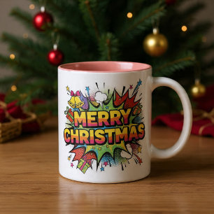 Weihnachts-Pop-Art-Comic-Explosion Zweifarbige Tasse