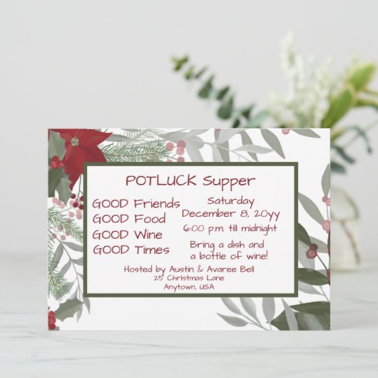 Weihnachts-POT LUCK Abendessen Einladung (Stehend Vorderseite)