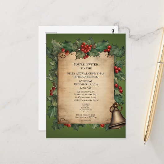 Weihnachts-Potluck-Abendessen Old World Scroll Ein Postkarte (Vorderseite/Rückseite Beispiel)