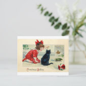 Weihnachts-Print Girl and Cat Feiertagspostkarte (Stehend Vorderseite)