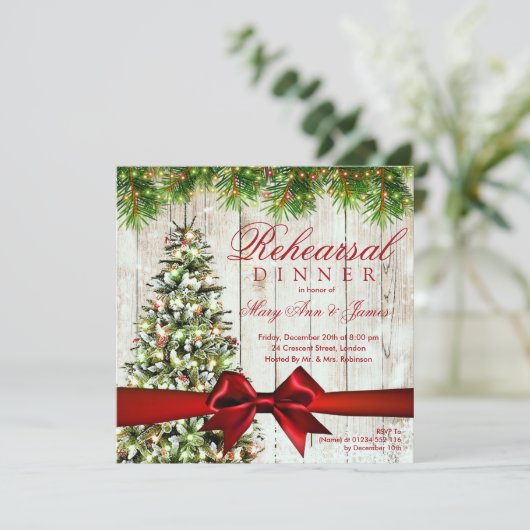 Weihnachts Probe Dinner Tree, Lights & Ribbon Einladung (Stehend Vorderseite)