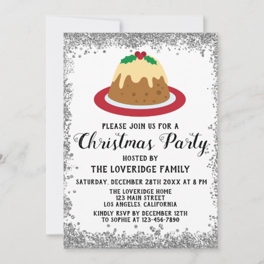 Weihnachts-Pudding Xmas Party Red Silver Glitzer Einladung (Vorderseite)