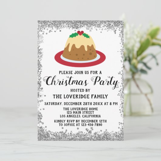 Weihnachts-Pudding Xmas Party Red Silver Glitzer Einladung (Stehend Vorderseite)