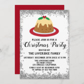 Weihnachts-Pudding Xmas Party Red Silver Glitzer Einladung (Vorne/Hinten)