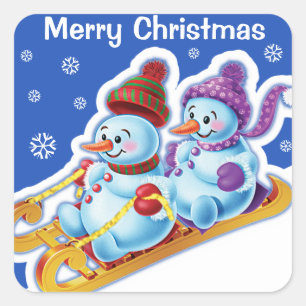 Weihnachts-Quadrat Aufkleber Snowmen Schneesport.