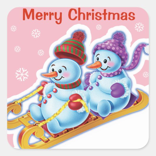 Weihnachts-Quadrat Aufkleber Snowmen Schneesport. (Vorderseite)