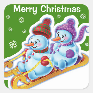 Weihnachts-Quadrat Aufkleber Snowmen Schneesport.