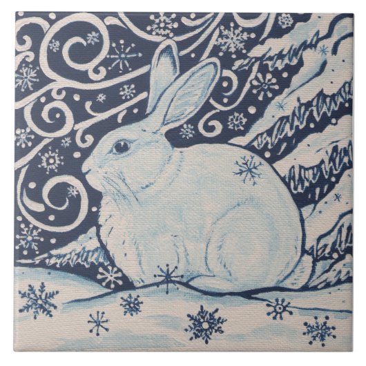 Weihnachts-Rabbit Navy Blauer Schneeflocken Malere Fliese (Vorderseite)