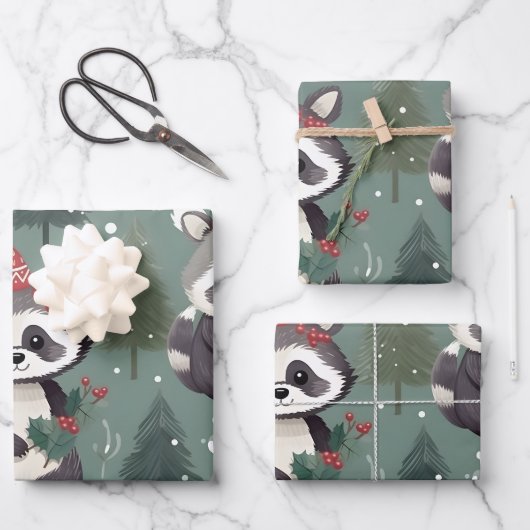 Weihnachts-Raccoon-Muster Geschenkpapier Set (Vorderseite)