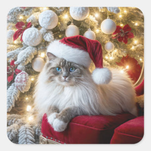 Weihnachts-Ragdoll-Katze auf rotem Vintage-Stuhl Quadratischer Aufkleber