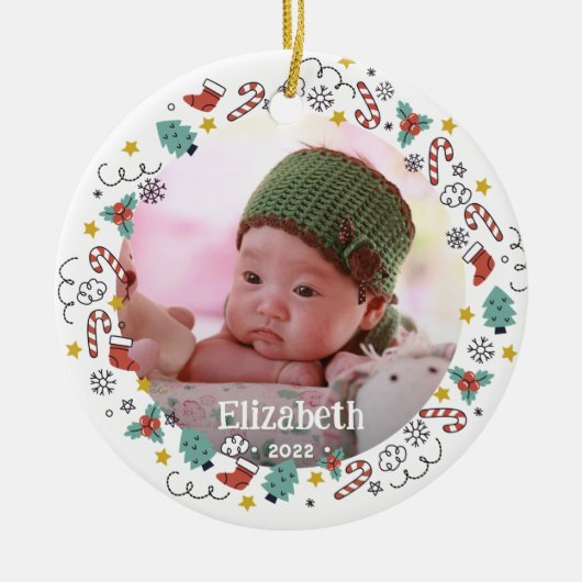 Weihnachts-Rahmen-Baby-Foto Keramik Ornament (Vorne)