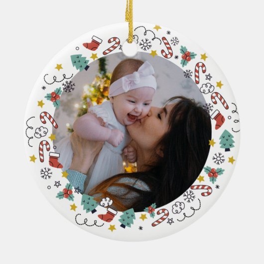 Weihnachts-Rahmen-Baby-Foto Keramik Ornament (Hinten)