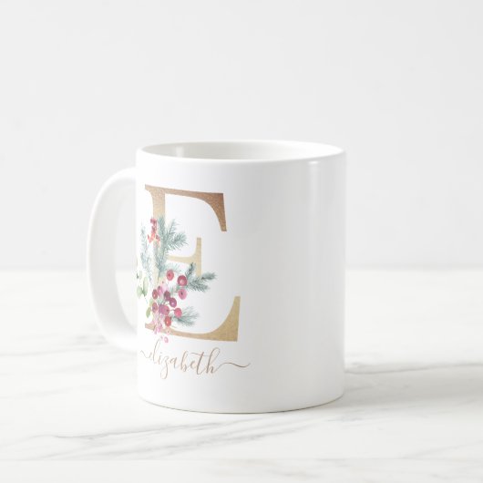 Weihnachts Red Berries Greenery Gold Monogram E Kaffeetasse (Vorderseite Links)