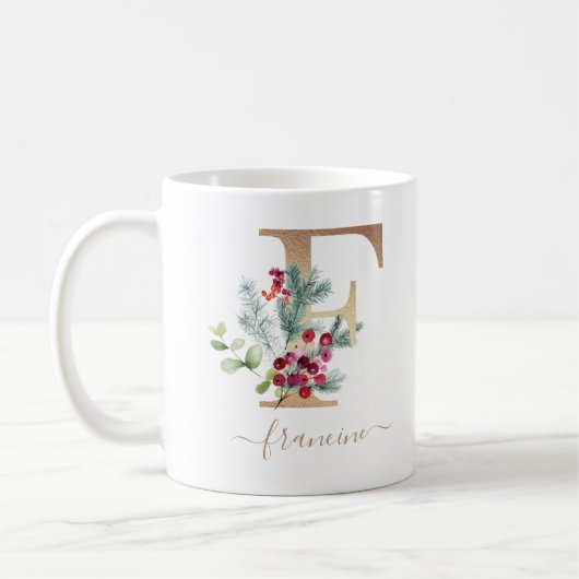 Weihnachts Red Berries Greenery Gold Monogram F Kaffeetasse (Links)