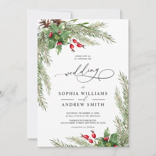 Weihnachts Red Berries Hochzeit Einladung (Vorderseite)