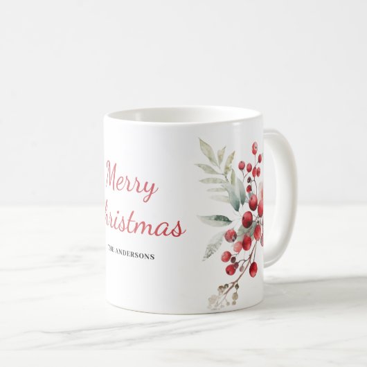 Weihnachts Red Berry Floral Botanischer Name Kaffeetasse (VorderseiteRechts)