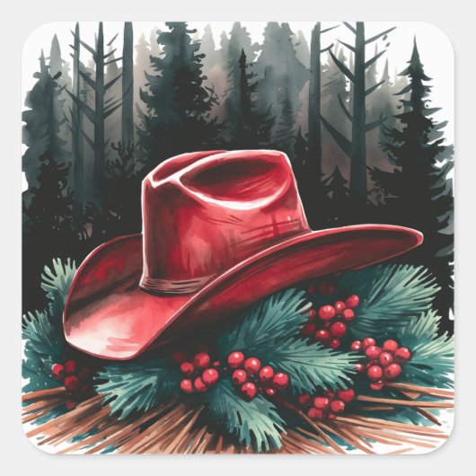Weihnachts Red Cowboy Hat mit Red Berries Quadratischer Aufkleber (Vorderseite)