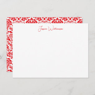 Weihnachts-Red-Damask Personalisierter Name-Statio Mitteilungskarte