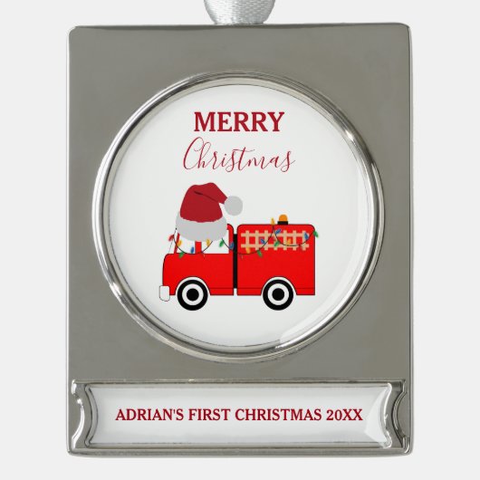 Weihnachts Red Fire Truck Baby's First Christmas Banner-Ornament Silber (Vorderseite)