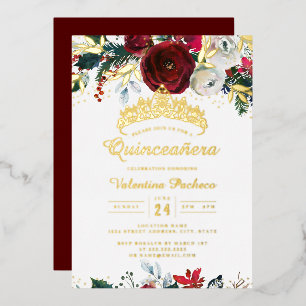 Weihnachts Red Gold Festival Foliage Quinceanera Folieneinladung