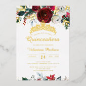 Weihnachts Red Gold Festival Foliage Quinceanera Folieneinladung (Vorderseite)