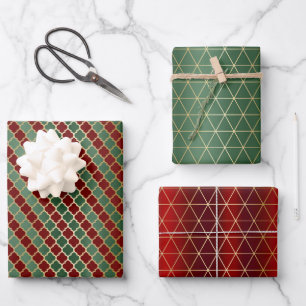 Weihnachts Red Gold Green Geometric Muster Geschenkpapier Set