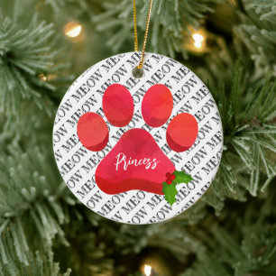 Weihnachts Red Paw Print MEOW Katze NAME Holly Spa Keramik Ornament