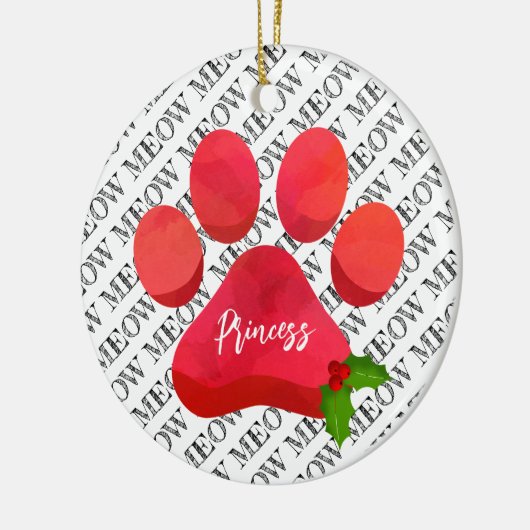 Weihnachts Red Paw Print MEOW Katze NAME Holly Spa Keramik Ornament (Links)
