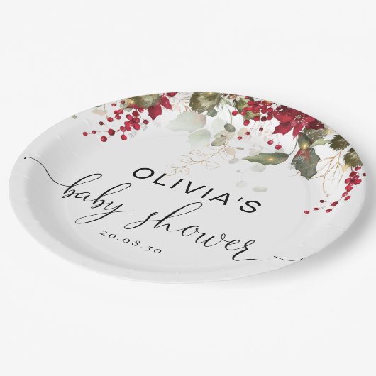 Weihnachts Red Poinsettia Baby Shower Paper Plate Pappteller (Schrägansicht)