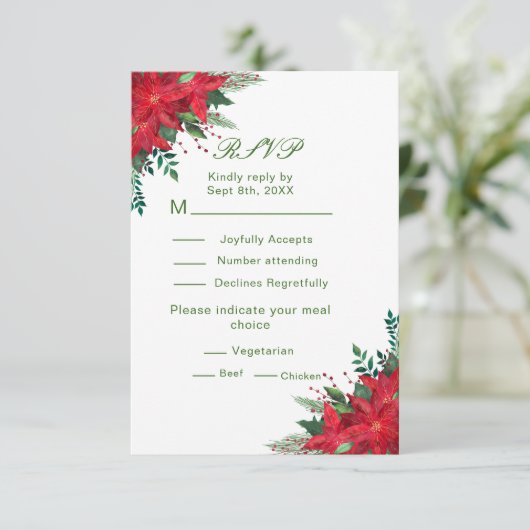 Weihnachts Red Poinsettia Blume Hochzeit RSVP (Stehend Vorderseite)