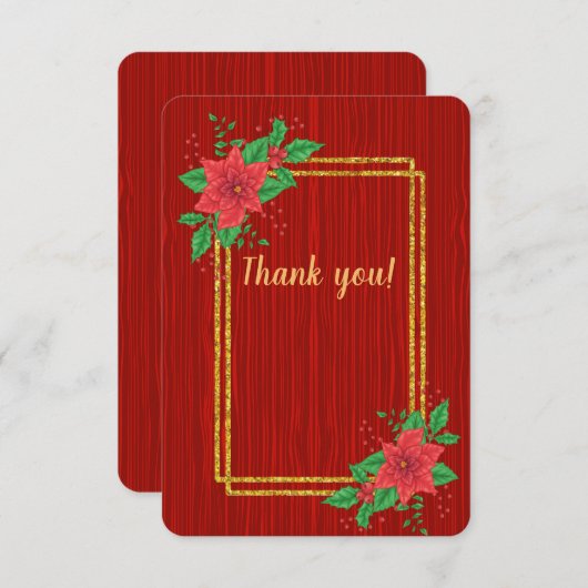 Weihnachts Red Poinsettia Gold Frame Wedding Dankeskarte (Vorne/Hinten)