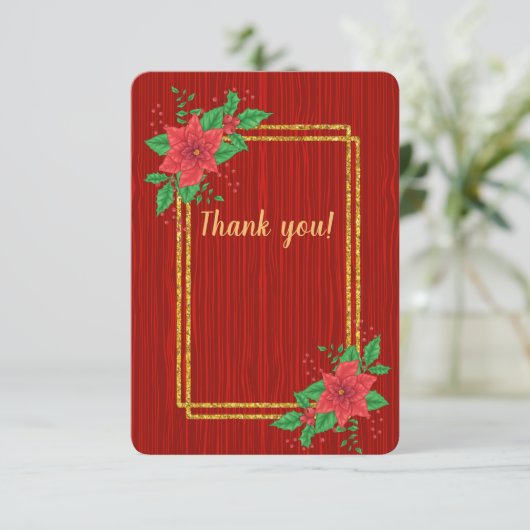 Weihnachts Red Poinsettia Gold Frame Wedding Dankeskarte (Stehend Vorderseite)