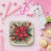 Weihnachts Red Poinsettia Gold Glitzer Paper Plate Pappteller (Party)