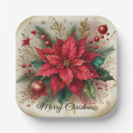 Weihnachts Red Poinsettia Gold Glitzer Paper Plate Pappteller