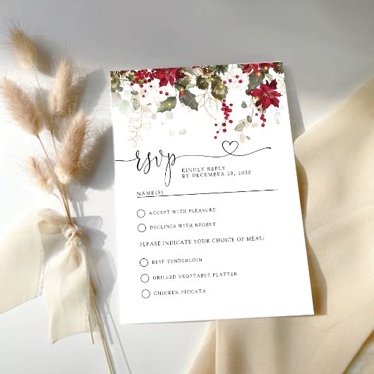 Weihnachts Red Poinsettia Wedding RSVP Card