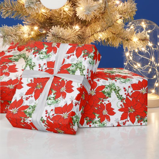 Weihnachts Red Poinsettias Wrapping Paper Geschenkpapier (Feiertage)