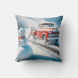 Weihnachts Red Retro Truck mit Schneemann Kissen