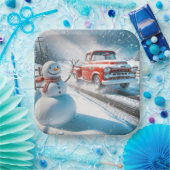 Weihnachts Red Retro Truck mit Schneemann Pappteller (Party)