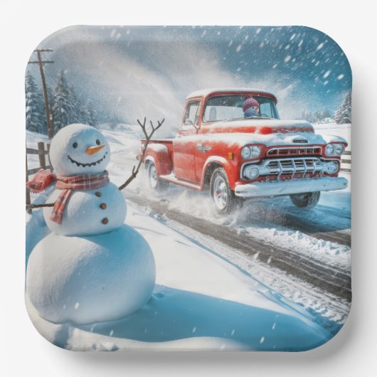 Weihnachts Red Retro Truck mit Schneemann Pappteller (Vorderseite)