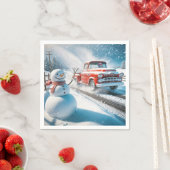 Weihnachts Red Retro Truck mit Schneemann Serviette (Beispiel)