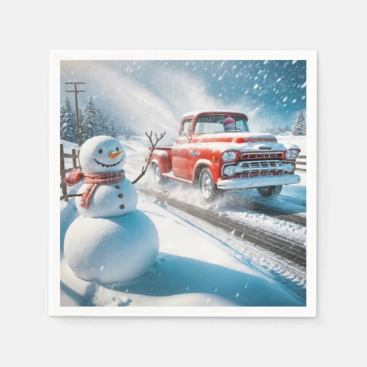 Weihnachts Red Retro Truck mit Schneemann Serviette (Vorderseite)