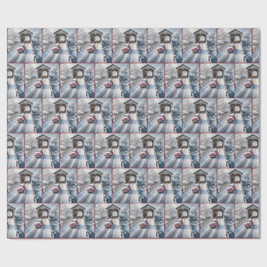 Weihnachts Red Retro Truck und Covered Bridge Geschenkpapier (Flach)