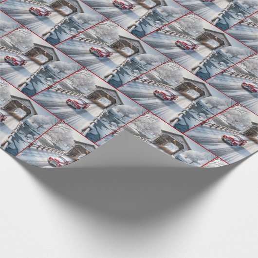 Weihnachts Red Retro Truck und Covered Bridge Geschenkpapier (Ecke)