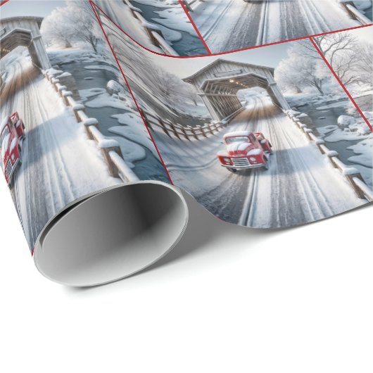 Weihnachts Red Retro Truck und Covered Bridge Geschenkpapier (Rolleneckpunkt)