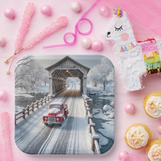 Weihnachts Red Retro Truck und Covered Bridge Pappteller (Party)
