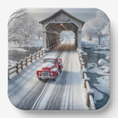 Weihnachts Red Retro Truck und Covered Bridge Pappteller (Vorderseite)