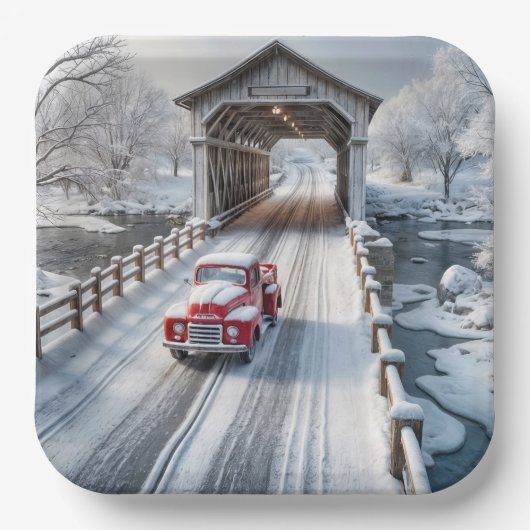 Weihnachts Red Retro Truck und Covered Bridge Pappteller (Vorderseite)