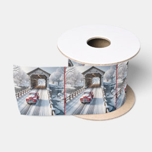 Weihnachts Red Retro Truck und Covered Bridge Satinband
