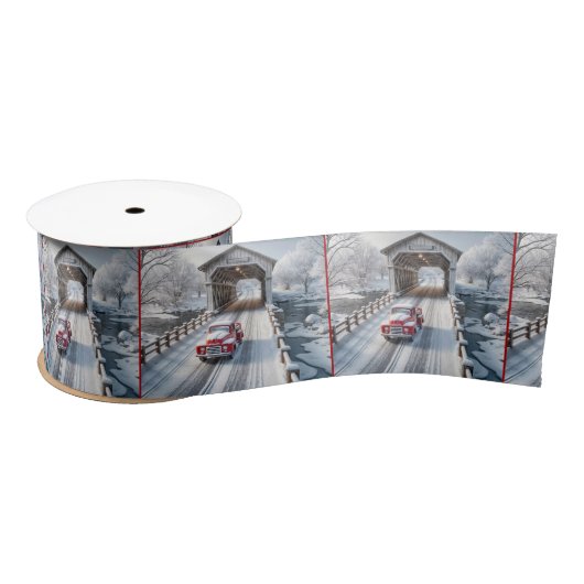 Weihnachts Red Retro Truck und Covered Bridge Satinband (Spule)
