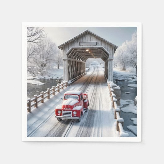 Weihnachts Red Retro Truck und Covered Bridge Serviette (Vorderseite)